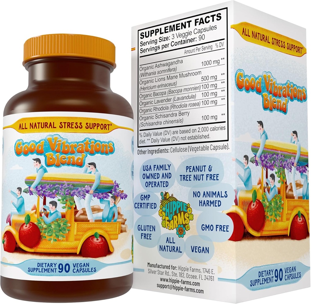 Stress, Mood, Energy Support - Ashwagandha Root, Lion's Mane &amp; More - Good Vibrations Blend