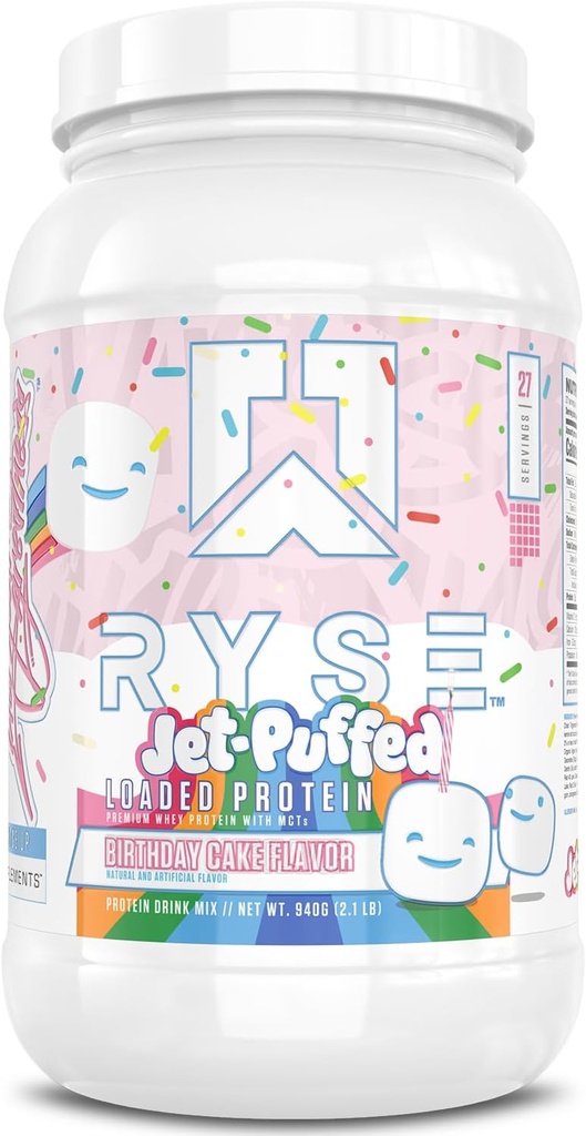 Polvo Proteína cargada RYSE - Pastel de cumpleaños con Jet-Puffed - 25g Whey Protein Isolate " Concentrate with Prebiotic Fiber " MCTs - Bajo Carb, Sugar bajo, Digestive-Friendly - 27 Servings / 2 lb Tub