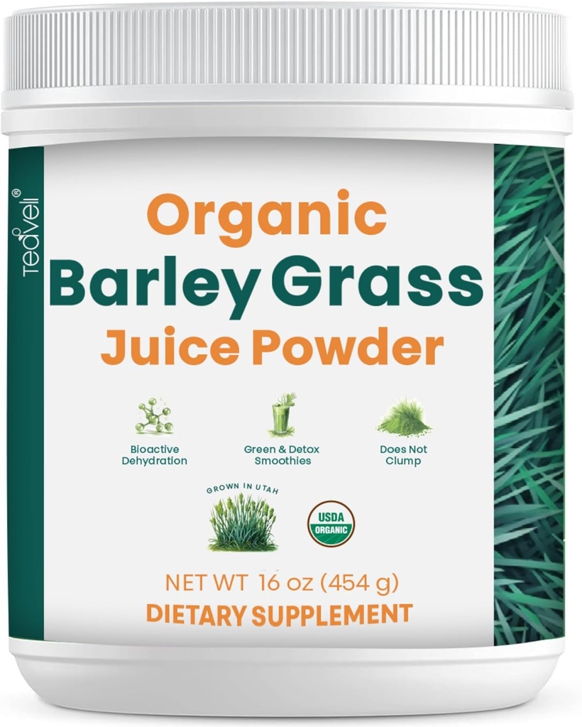 Teaveli Organic Barley Grass Juice Powder- Grown and Harvested in The Fertile Utah Soil - 16 Ounces (454 Grams)