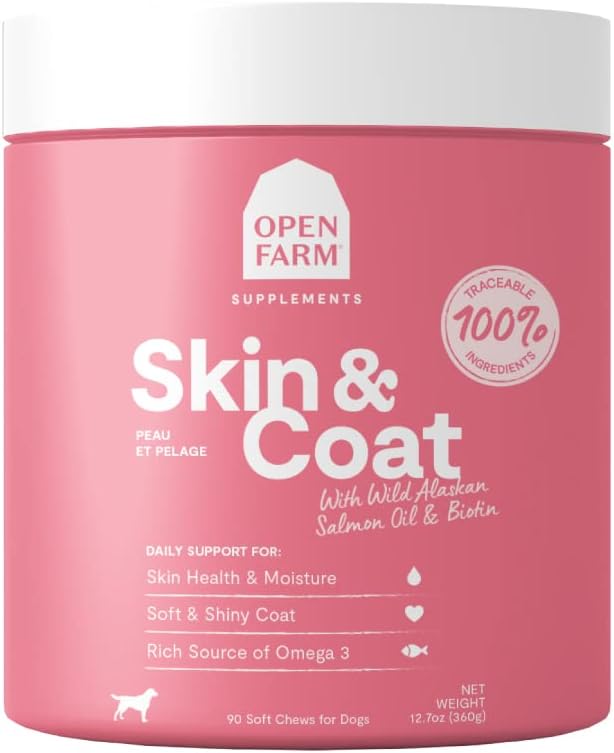 Open Farm Skin &amp; Coat Chews, Suplemento de perros, vitaminas de perros, soporta una suave y brillante carne usando ingredientes transceptibles y aprobados por el Vet, 12.7 oz, 90 cuenta