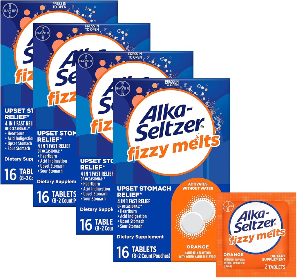 Alka-Seltzer Fizzy Melts, Dissolve on Tongue, No se necesita agua, On-The-Go Dietary Supplement Antacid Tablets, for Relief of Occasional Heartburn and Acid Indigestion*, Orange Flavor, 64 Count