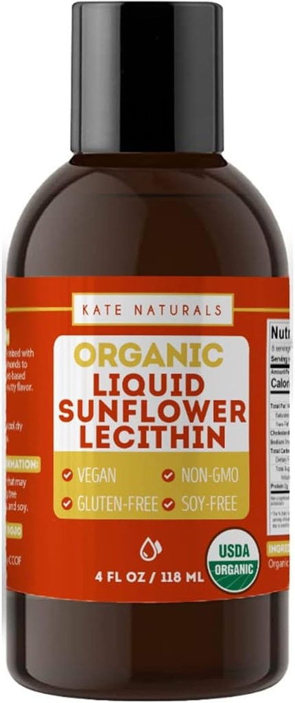 Kate Naturals Sunflower Lecithin Liquid for Cooking and Baking. Lecitina líquida para Gummies, Smoothies " Suplemento de lactancia (4oz, Orgánico, Vegan, Libre de gluten)