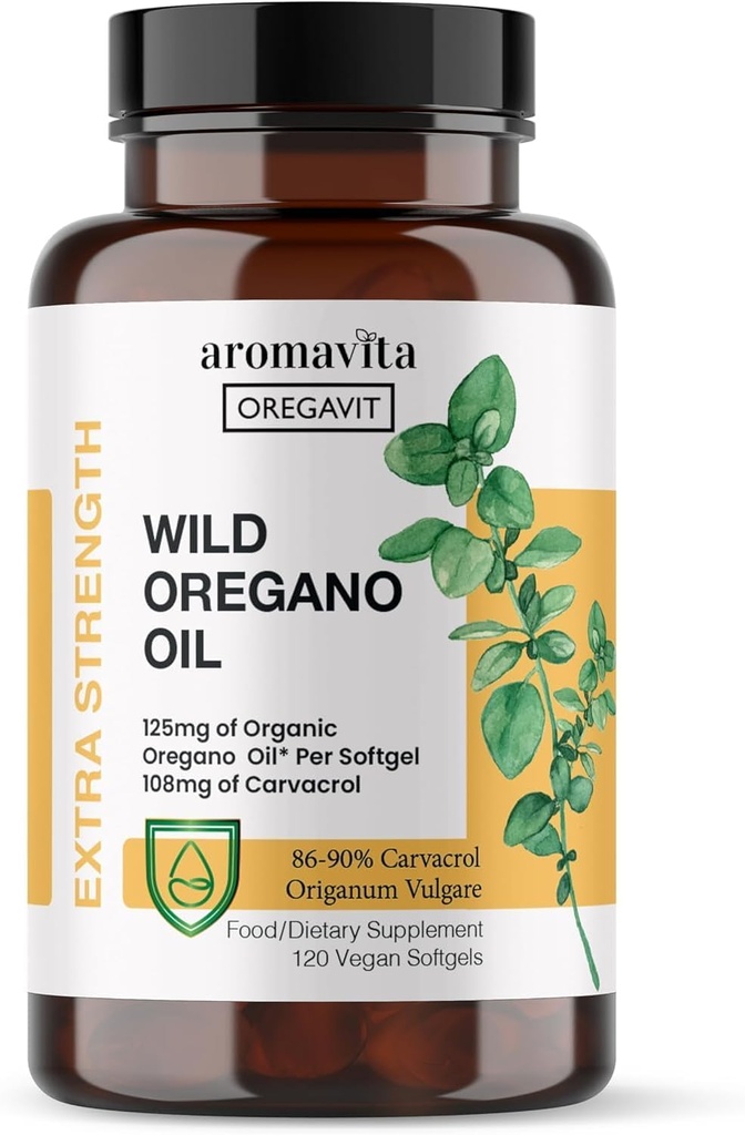 Aceite de orégano vegetal cápsulas orgánicas, 86-90% Carvacrol - 125 mg Aceite de orégano por Softgel - Soporte inmunitario y digestivo, Antioxidante natural, Vegano, No GMO, 120 cápsulas