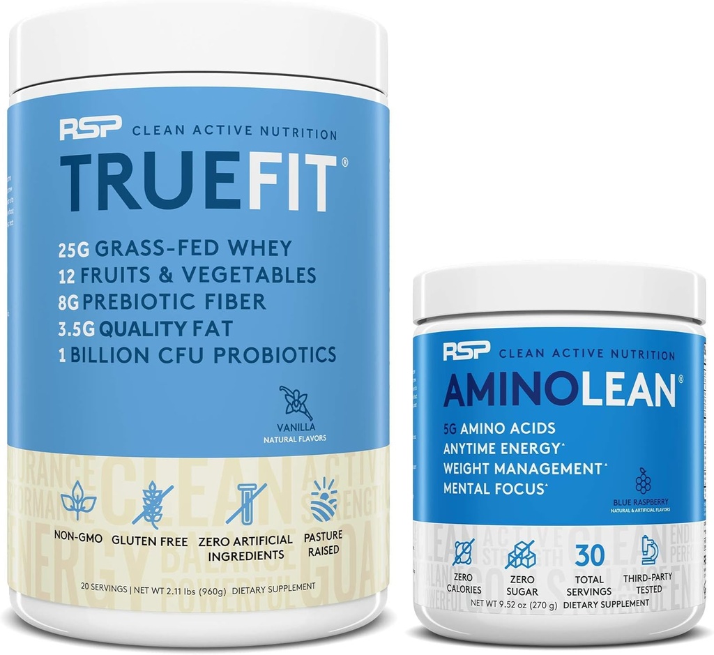 AminoLean Pre Workout Energy (Blue Raspberry 30 Servings) con TrueFit Protein Powder (Vanilla 2 LB)