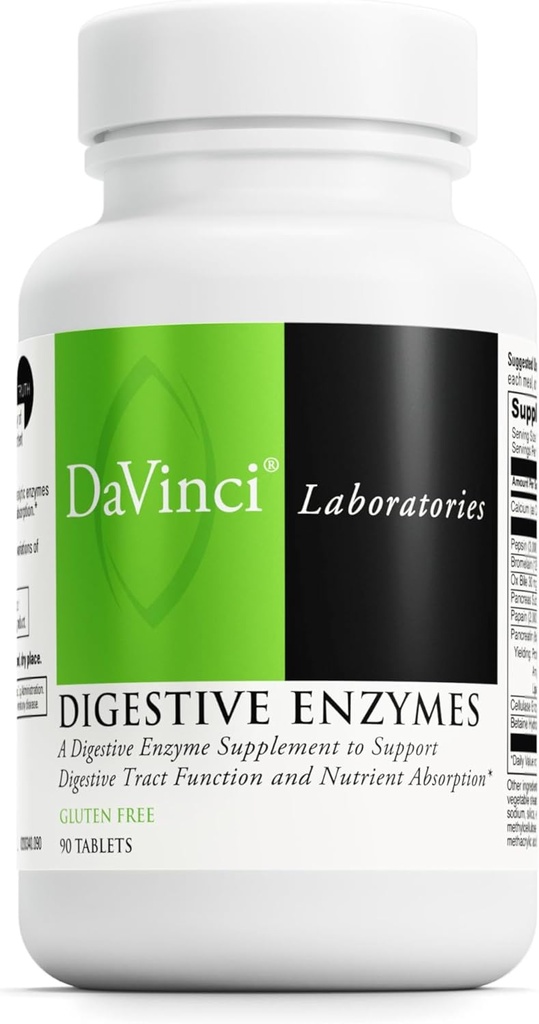 DAVINCI Laboratorios All-Zyme - Suplemento dietético para apoyar Función de Tracto Digestivo y Absorción Nutriente - con Calcio, Pepsin, Bromelain, Papain, Pancreatin y Más - Sin gluten - 90 Tabletas
