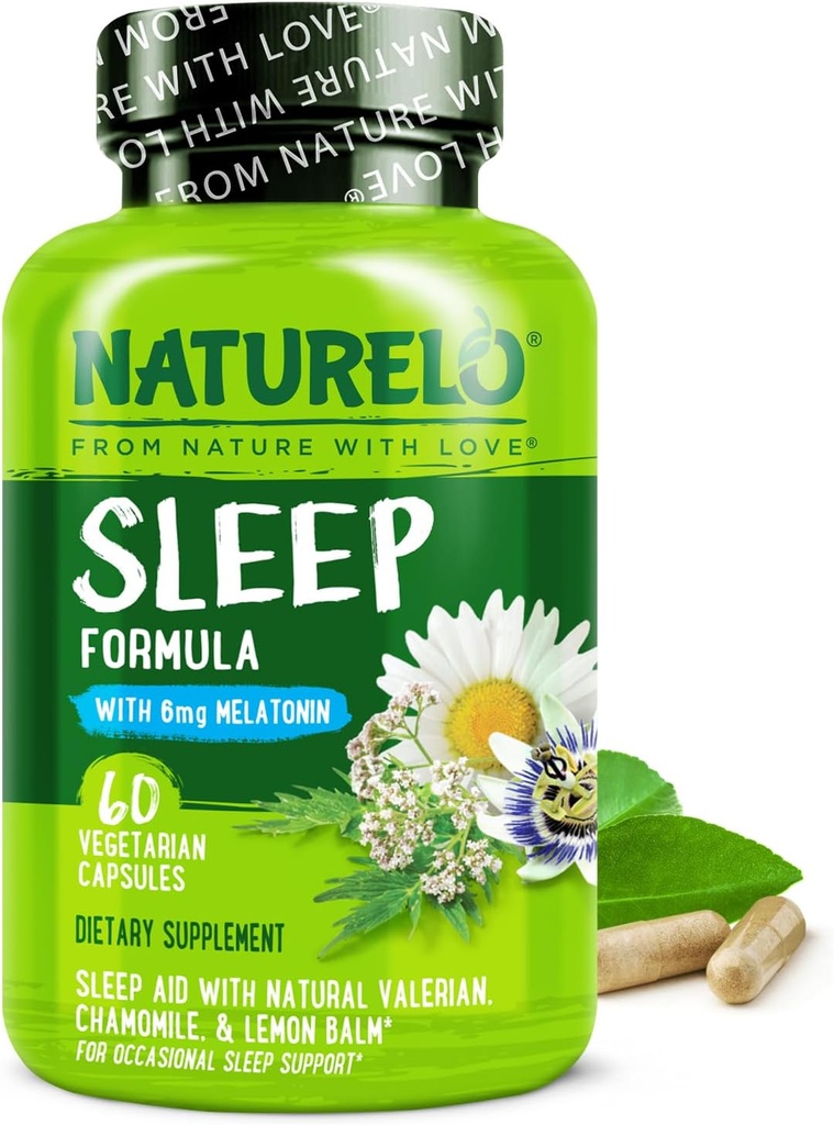 NATURELO Sleep Aid - con Melatonin, Magnesium, GABA, Valerian Root, Lemon Balm, Chamomile Herbal Extracts - Plant-Based Sleeping Aid - 60 Vegan Capsules