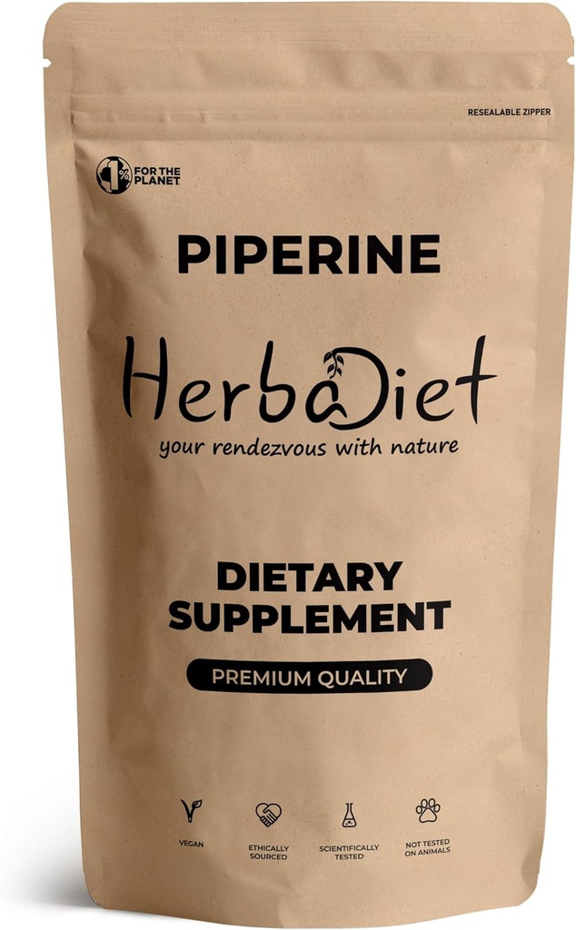 Herbadiet Piperine 95% Powder ← Black Pepper Extract Powder 95% por Hplc ¦ Bioavailability Enhancer, Boosts Nutrients Uptake under Gluten Free, Non-GMO Bulk Supplement (0.35 oz / 10 gm)