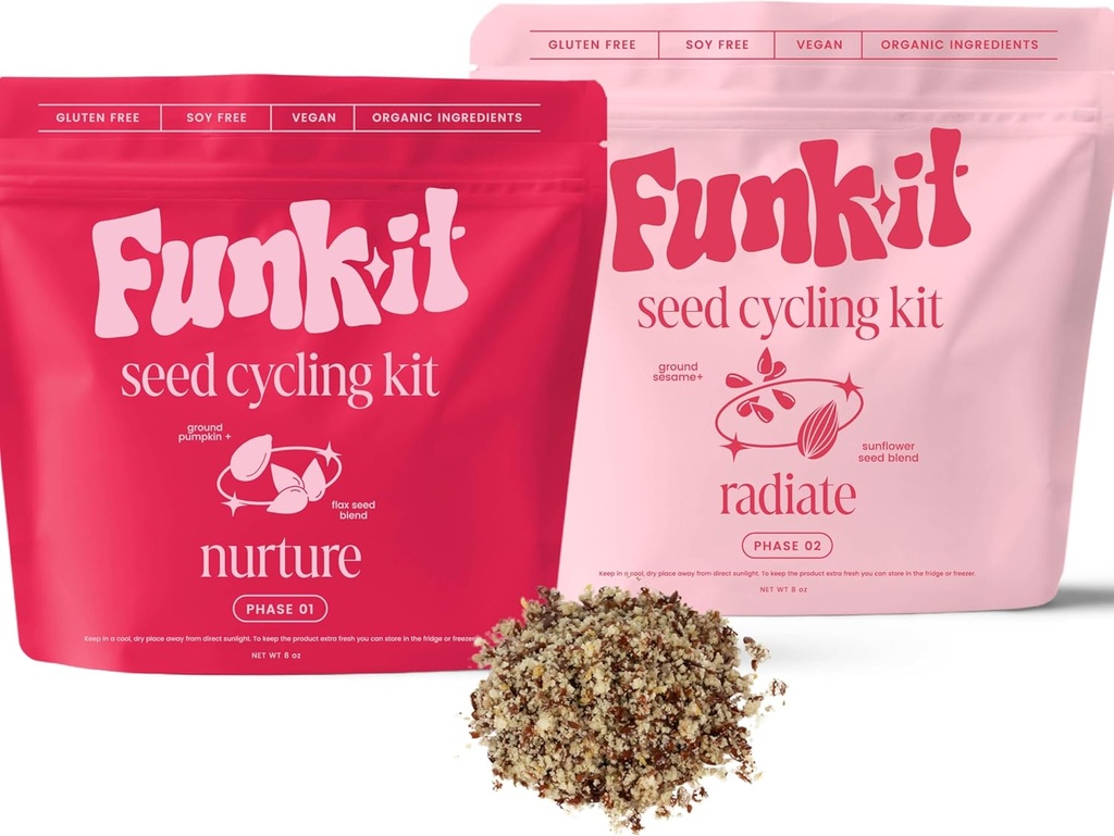 Funk It Wellness Seed Cycling Kit Silencio Orgánica PMS Alivio Silencio Suministro Mensual viv Soothe Cramps, Hormonal Acne, Mood Swings y General PMS Silencio Natural ← PMS Relief PMS PMDD Support ← 100% Plant Based