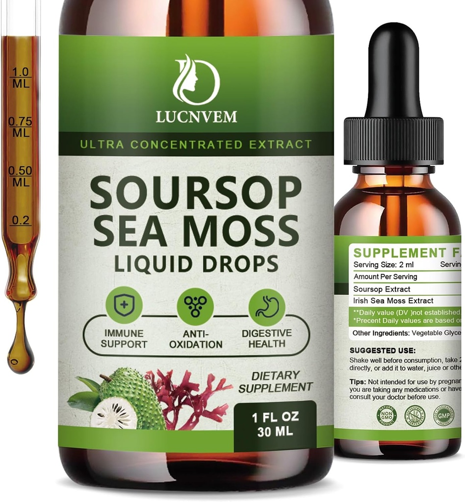 (2 Pack) Orgánica Soursop Graviola con gotas líquidas Moss Mar, Soursop Bitters Líquido rico en multivitamina para el antioxidante natural, Immune Boost, Cell Support & regeneración, Pineapple Flavor