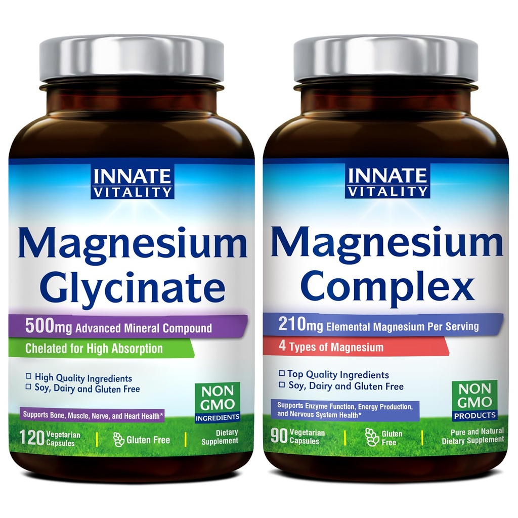 Innato Vitality Magnesium Glycinate & Magnesium Complex Bundle, Non-GMO No Gluten & Vegan, Mg Glycinate (120 Caps) &amp; Mg Complex (90 Caps), Value Pack, Bundle &amp; Save