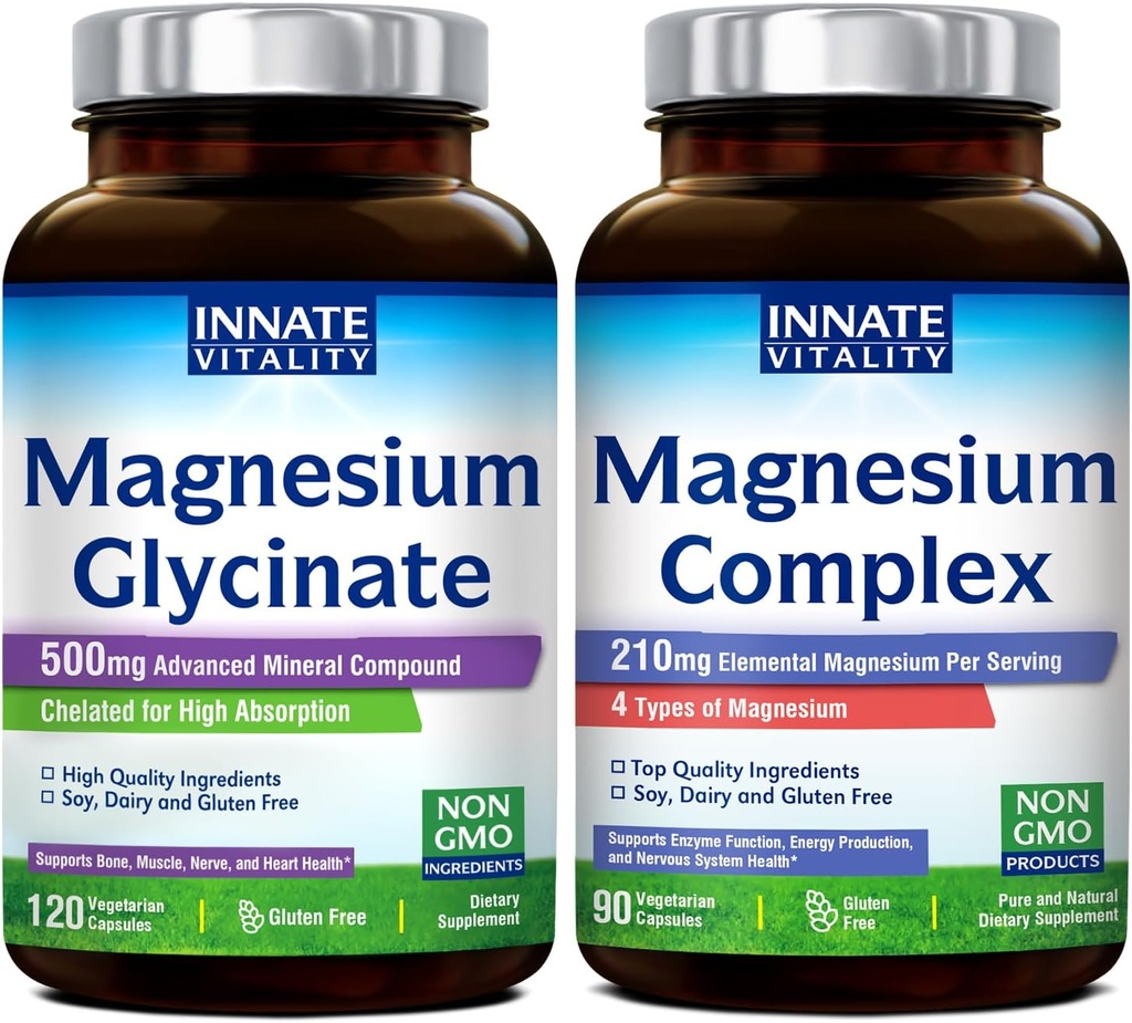 Innato Vitality Magnesium Glycinate & Magnesium Complex Bundle, Non-GMO No Gluten & Vegan, Mg Glycinate (120 Caps) &amp; Mg Complex (90 Caps), Value Pack, Bundle &amp; Save