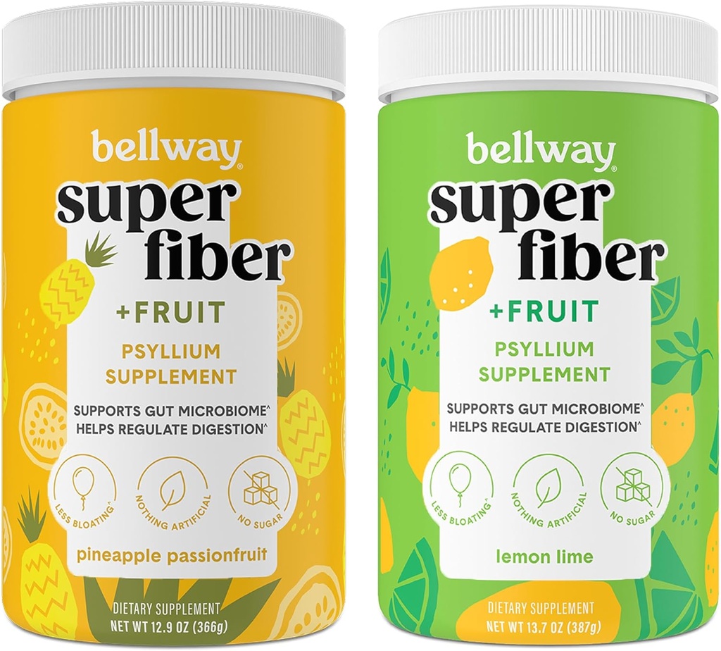 Bellway Super Fiber Powder + Fruta, Azúcar Psyllium Orgánica Libre Suplemento de fibra de polvo para regularidad, Alivio de Bloating & Gut Health, Non-GMO, Pasión de Piña Fruta & limón