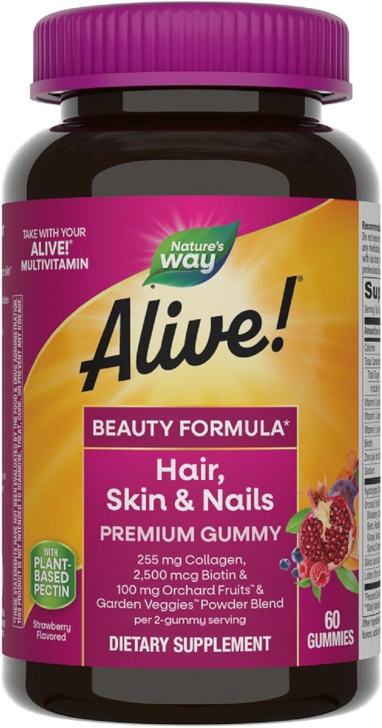 Nature's Way Alive! Hair, Skin & Nails Premium Gummies, Beauty Formula*, with Collagen, Biotin, Vitamins C & E, Strawberry Flavored, 60 Gummies