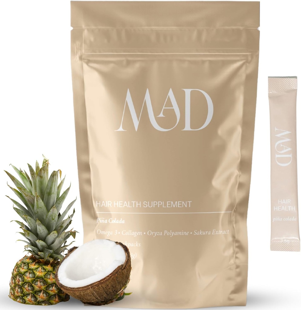 Postpartum Hair Pérdida Suplemento ← Ingredientes seguros Collagen, Pumpkin Seed, Omega-3 Horsetail ← 15 Individualmente Envasado Tasty Hair Strength Mix-in Packets (Pina Colada)