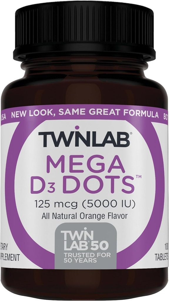 Twinlab Mega D-3 Dots - Vitamin D Supplement for Immune Health and Bone Support - 100 Orange Tablets, 125 mcg (5000 IU) (Pack of 2)