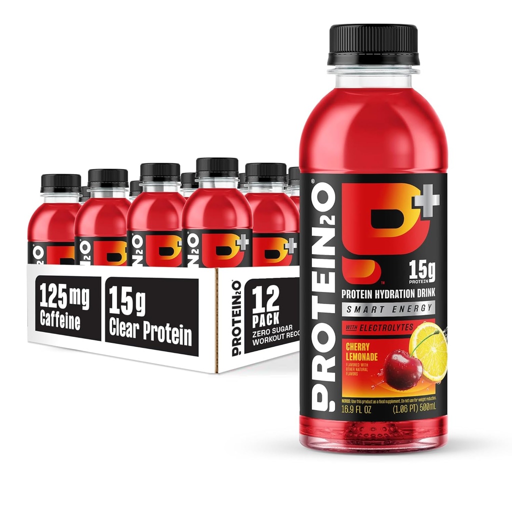 Protein2o 15g Whey Protein Isolate Hydration Drink Plus Energy & Focus, 350 mg de electrolitos, 125 mg de cafeína, Sugar Free, Cherry Lemonade, 16.9 oz Bottle (Pack of 12)