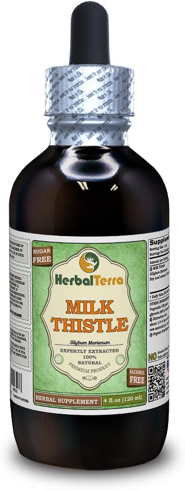 Leche Thistle (Silybum Marianum) Glycerite, Orgánica hojas secas Extract líquido libre de alcohol (Marca: HerbalTerra, Proudly Made in USA) 4 fl.oz (120 ml)