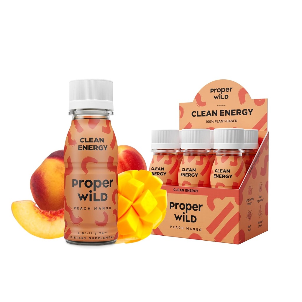 Proper Wild Vegan Energy Shots, with L-Theanine, and Organic Caffeine, Clean Plant Based Energy Drink, Gluten-Free, GMO-Free, Dairy-Free, Stevia-Free, Peach Mango, 2.5 Fl Oz, 6 Pack