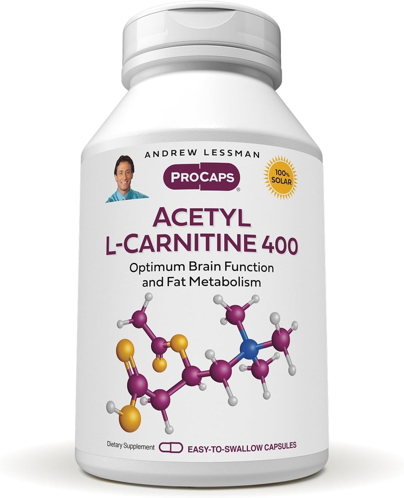 ANDREW LESSMAN Acetyl L-Carnitine 400 mg - 360 cápsulas - Soporte para sistema nervioso, metabolismo de grasa y energía, función cerebral saludable, flujo sanguíneo saludable al cerebro. Cápsulas fáciles de cambiar.