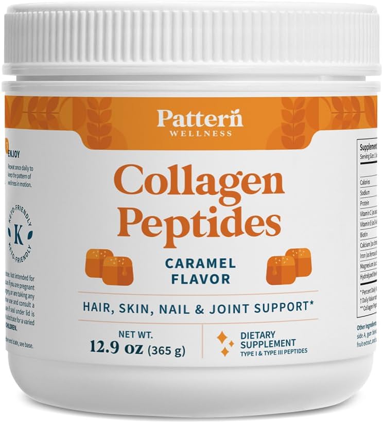Pattern Wellness Collagen Peptides Powder (Type I & III) - Hair, Nails, Skin &amp; Joint Support - Grass Fed & Pasture-Raised - Hydrolyzed, Non-GMO, Dairy Free, " Keto-Friendly - Caramel (13 Oz)
