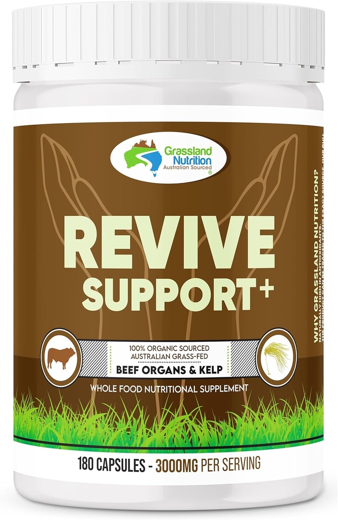 GRASSLAND NUTRITION 100% Organic Australian: Revive Support Beef Organ Blend - Natural B12, Iodine, Iron &amp; Vitamina A (180 cápsulas)