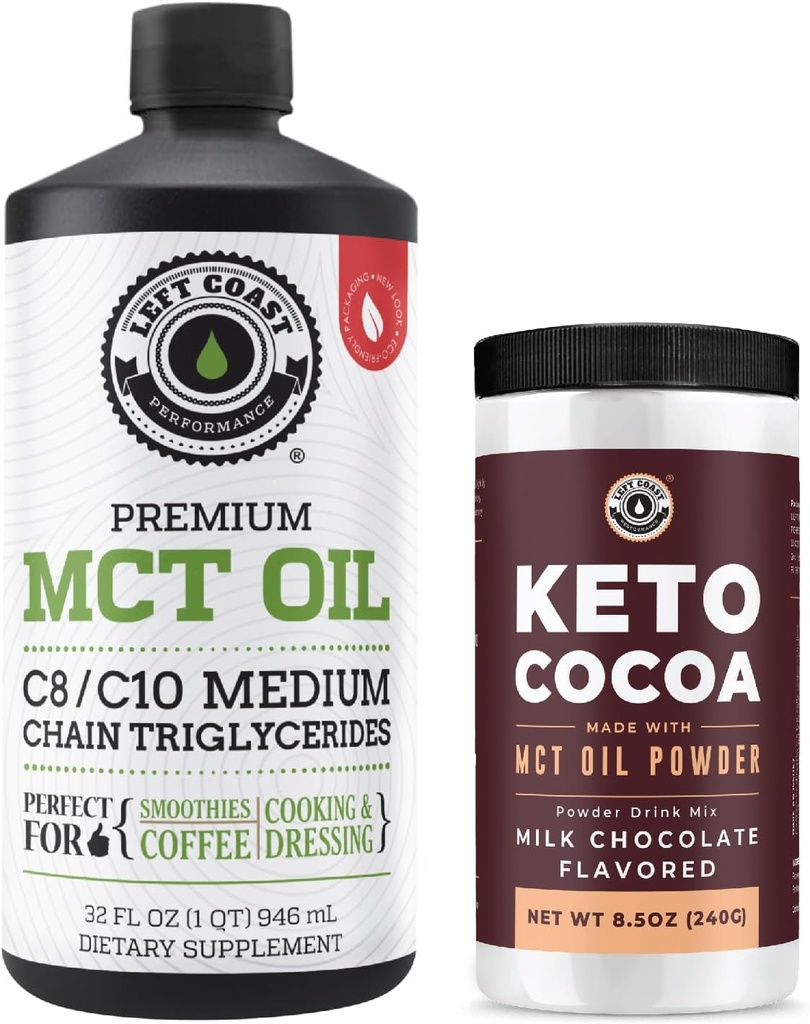 Rendimiento Costa Izquierda 100% aceite de coco MCT líquido, 32oz + Keto Coco mix, 8.5oz