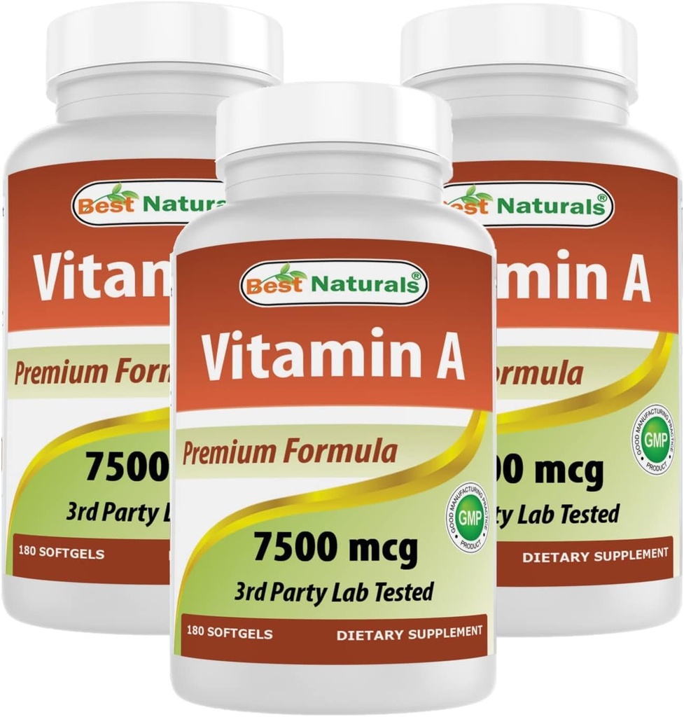 Mejores Naturales Vitamina A 25000 UI (7500 mcg), Fórmula No GMO apoya Sistema de visión saludable &amp; Crecimiento saludable &amp; Reproducción, 180 Softgels (180 Conteo (Pack of 3))