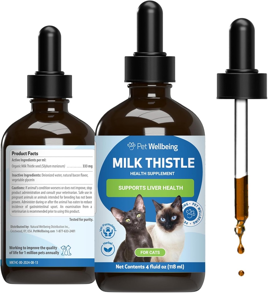 Pet Wellbeing Milk Thistle for Cats - Organic Milk Thistle, Supports Healthy Liver Function " Detoxification - Vet-Formulated Herbal Supplement - 4 oz (118 ml)