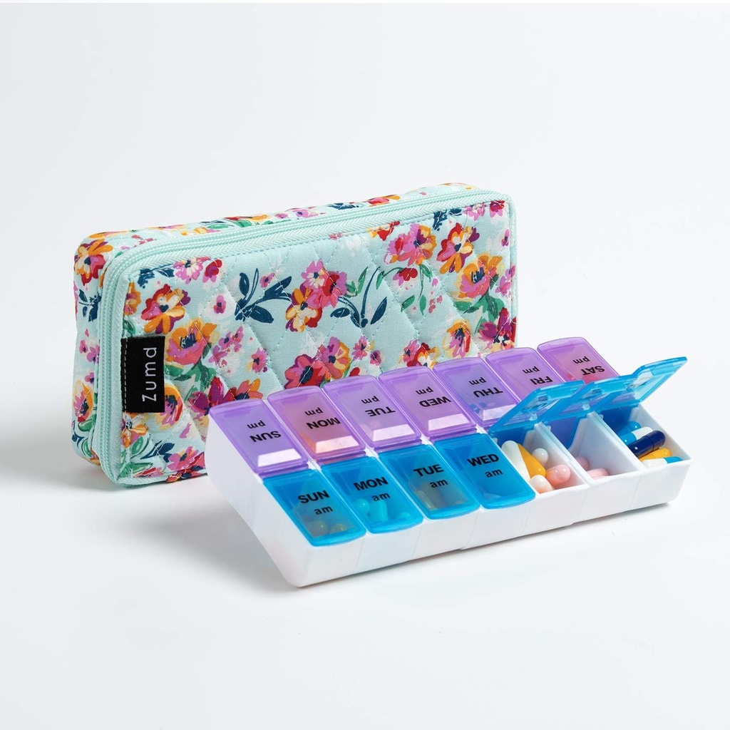 Organizador semanal de píldoras 2 veces al día, caja de píldoras Zumd 7 día con caja de cremallera de tejido cortado lindo, caja de la pila de viaje Am Pm for Vitamin Medicine Organizer