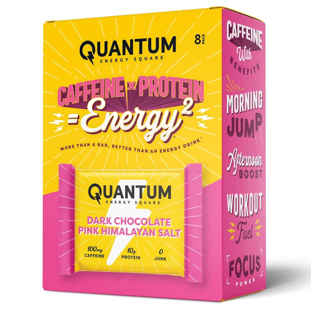 Quantum Energy Square: Energy Bar con Caffeine & 10g Protein. Delicioso Snack saludable en el go. (Vegan, libre de gluten, libre de soja, libre de lácteos) (Dark Chocolate Pink Himalayan Salt)