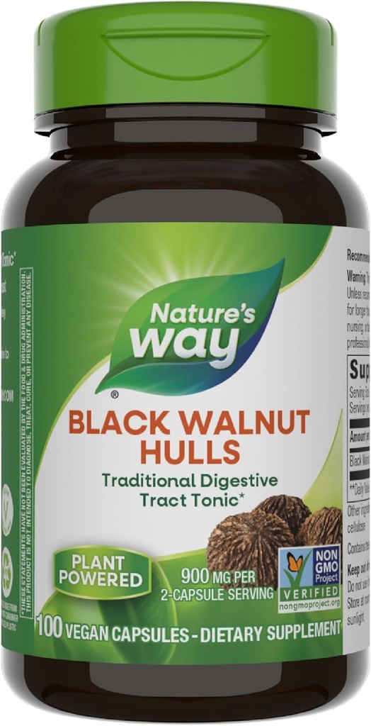 Nature's Way Black Walnut Hulls, Traditional Digestive Tract Tonic*, 900 mg per 2-Capsule Serving, Non-GMO Project Verified, Vegan, 100 Capsules (Packaging May Vary)