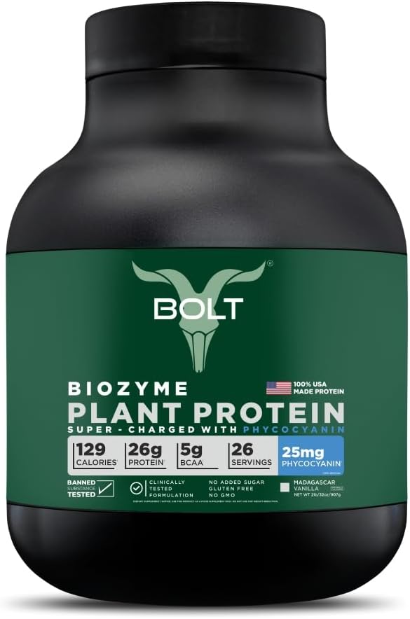 Bolt Biozyme Plant Protein ← Vegan Protein with Superfood Phycocyanin and Ayurvedic Herbs ← Completa Amino Acid Profile for Muscle Support and Recovery ← 2Lb/32oz, 26 Servings ← Madagascar Vanilla