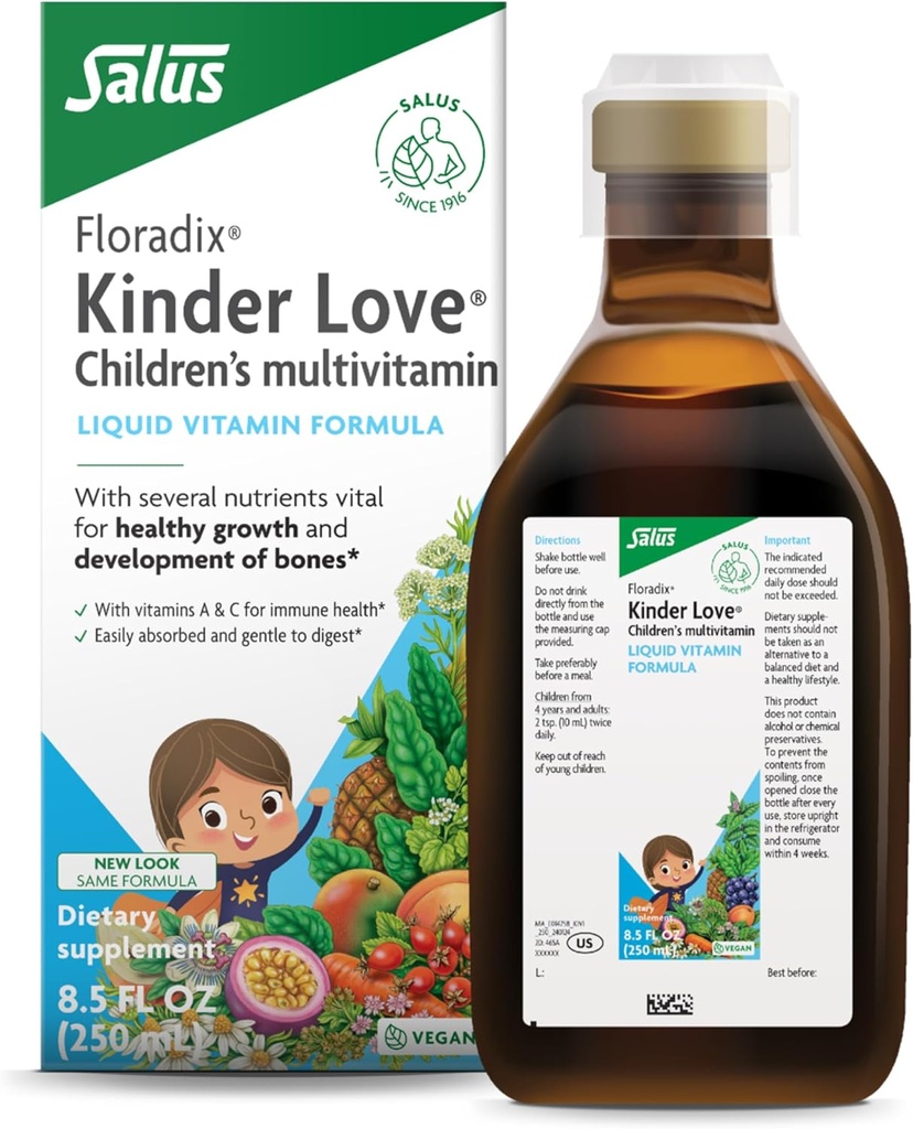 Floradix Kinder Love Children's Multivitamin - Herbal Supplement - Liquid Multivitamin for Kids - Vitaminas A, C, D &amp; E, Calcium &amp; Más - Vegetariano, No GMO, Libre de gluten - 8,5 fl oz