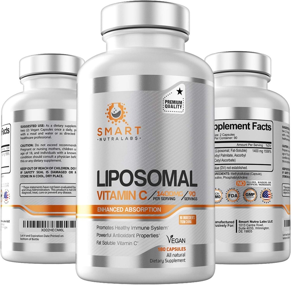 Vitamina Liposomal C 1400mg- 180 cápsulas veganos- China Ingredientes libres, alta absorción soluble grasa VIT C- soporta sistema inmunológico saludable &amp; colagen Booster- potente suplemento de soporte antioxidante