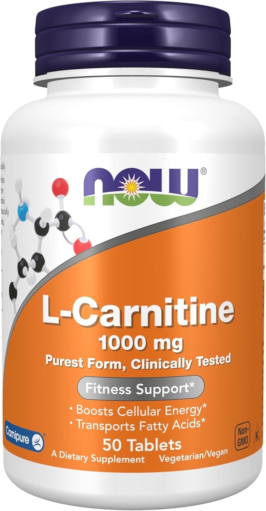 AHORA Suplementos de alimentos, L-Carnitina 1000 mg, Formulario más puro, Aminoácidos, Apoyo Fitness*, 50 Tabletas