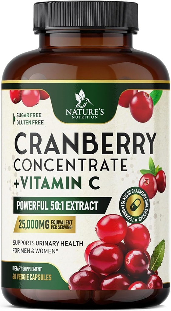 Cranberry Supplement Pills 25,000mg - High Potency Vitamin C Cranberry for Women & Men, Urinary Tract Health Support, Sugar Free, Gluten Free, Non-GMO, Cranberry Concentrate Extract - 60 Capsules