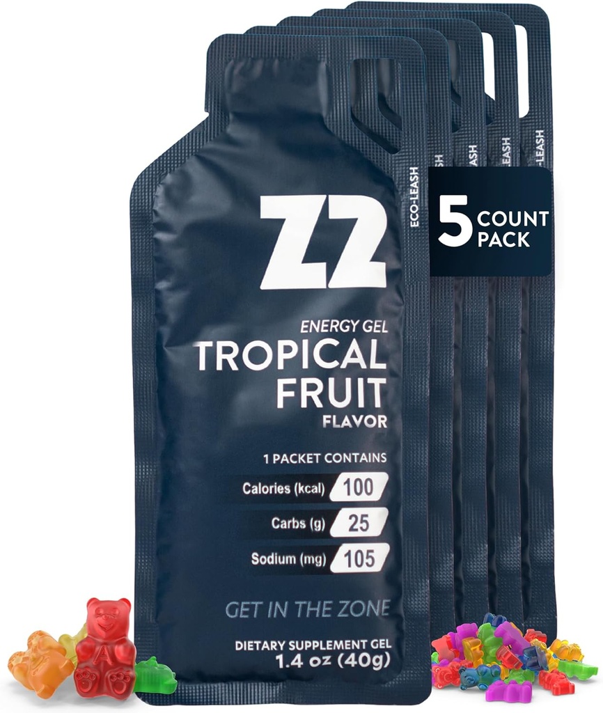 Z2 Tropical Fruit Energy Gel Performance - 25g Carb, 105mg Sodium, Electrolytes, Pre &amp; During Workout, Boosts Endurance for Running, Cycling, Biking, and Sports - 5-Count Pack