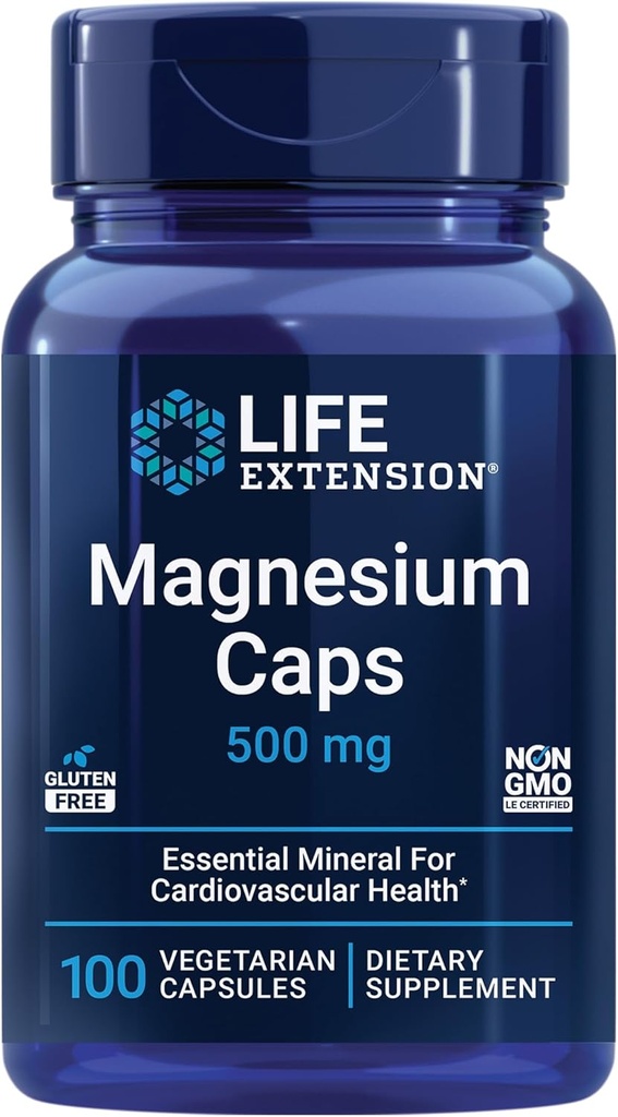 Extensión de la vida Caps de magnesio, 500 mg, óxido de magnesio, citrato y sucinto, salud cardíaca, huesos saludables, apoyo metabolismo, 100 cápsulas vegetarianas