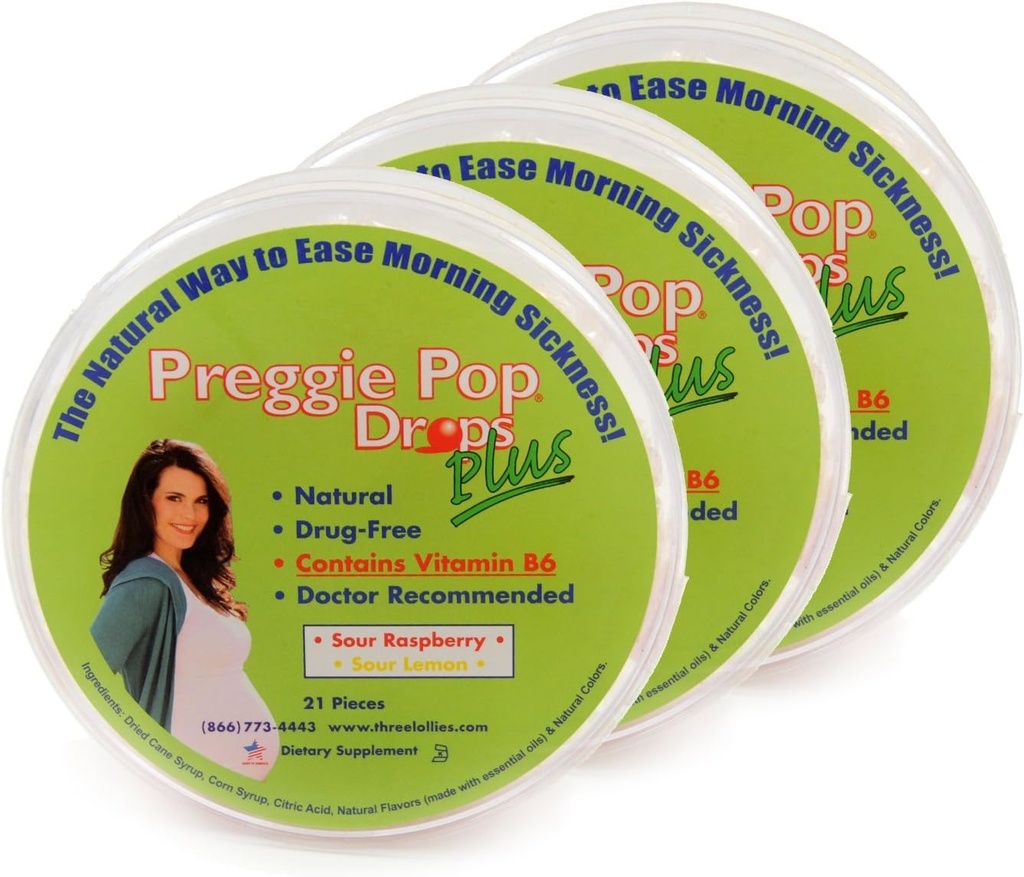 Tres Lollies Preggie Pop Drops Plus con B6 Capsules, Sour Raspberry/Lemon, 3 Conde