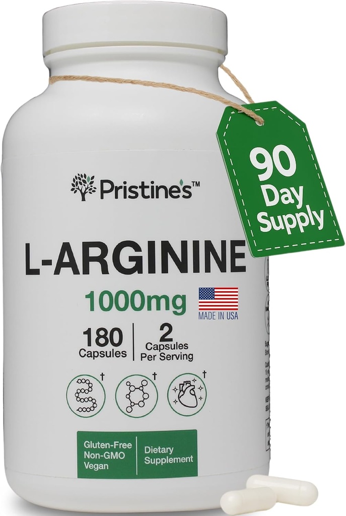 PriSTINE'S L Arginine Suplementos para Hombres &amp; Mujeres - 1000 mg Capsules 90 Day Supply Nitric Oxide & Pre Workout Amino Acid Support