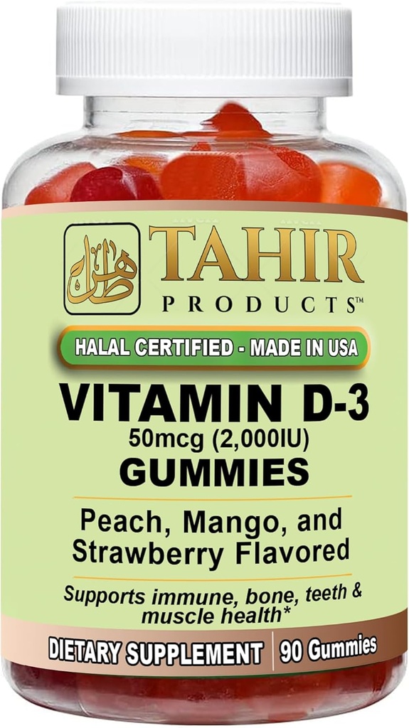 Tahir Halal Vitamin D3 2000 UI Gummies – Apoya Bone & Immune Health, promueve la función muscular, libre de gluten, libre de gelatina, 90 gomas de sabor natural de frutas, hechos en EE.UU. – Certificado Halal