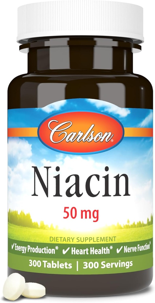 Carlson - Niacin, 50 mg, apoya el metabolismo del colesterol, producción de energía, salud cardíaca, función nerviosa, 300 tabletas