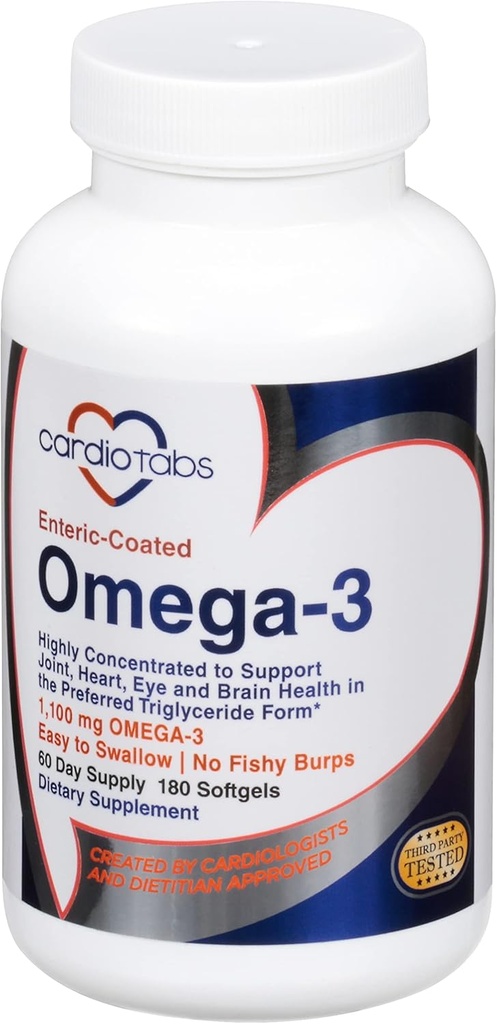 Omega-3 Enteric-Coated Fish Oil Supplements, Triglyceride Form, 1100 mg Total Omega-3 Fatty Acids, Non-Dairy and Gluten-Free, Special Enteric Coated Softgels for No Fishy Burps - 180 Count