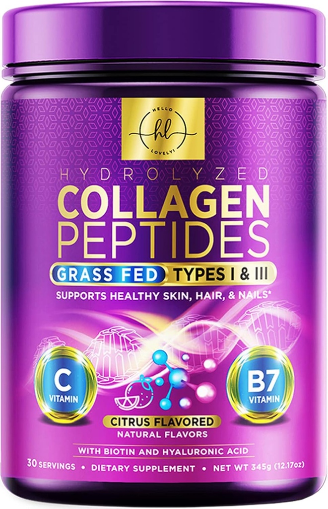 ¡Hola Lovely! Collagen Peptides Powder, Grass-Fed Hidrolyzed Collagen Powder for Women Tipo I " III, w/Hyaluronic Acid " Biotin, Hair, Skin, Nails " Joint Support, Collagen Supplement - 30 Servings
