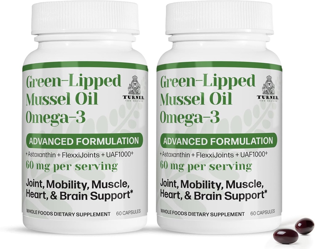 TURNER New Zealand Green Lipped Omega-3 Mussel Oil, 53x Potency Superior con UAF1000+ Super Antioxidante, No Fishy Aftertaste, 2 Botellas, 120 Softgels