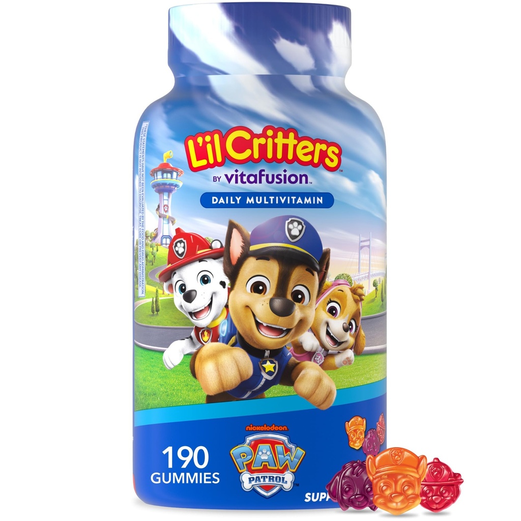 L’il Critters Paw Patrol Gummy Vites Daily Gummy Multivitamin for Kids, Vitamina C, D3 para Immune Support Cherry, Orange y Blueberry Flavors, 190 Gummies