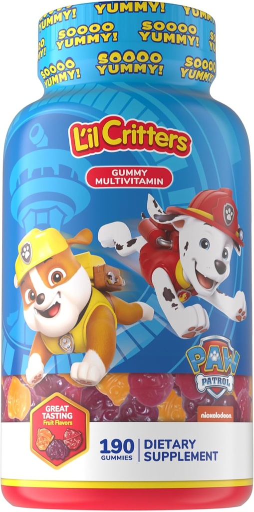 L’il Critters Paw Patrol Gummy Vites Daily Gummy Multivitamin for Kids, Vitamina C, D3 para Immune Support Cherry, Orange y Blueberry Flavors, 190 Gummies