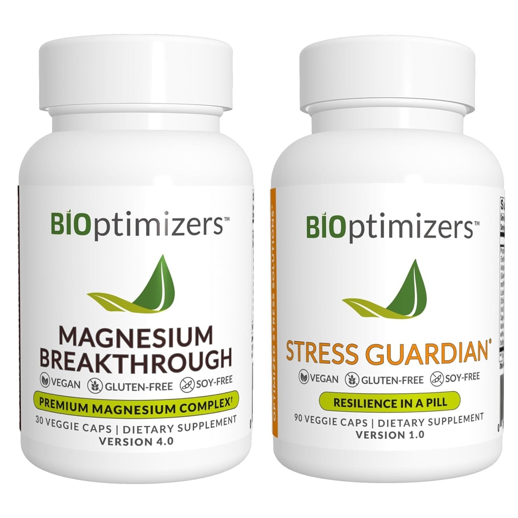 BiOptimizers Magnesium Breakthrough 4.0, (30 Capsules) & Stress Guardian, (90 Capsules) - Natural Sleep, Brain, and Stress Support Suplemento Bundle