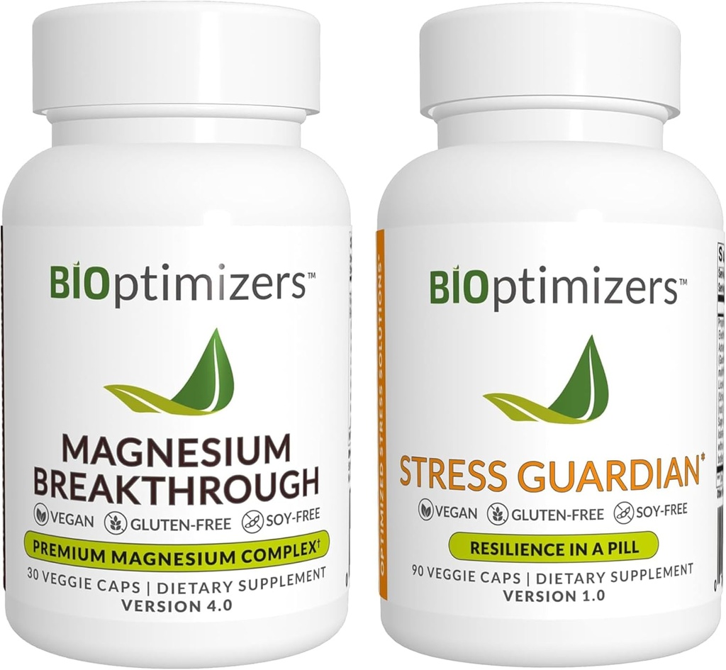 BiOptimizers Magnesium Breakthrough 4.0, (30 Capsules) & Stress Guardian, (90 Capsules) - Natural Sleep, Brain, and Stress Support Suplemento Bundle
