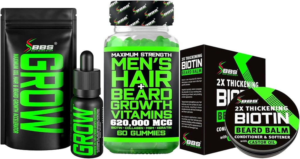 Beard Growth Kit w / 2X Thickening Biotin Beard Balm for Hombres &amp; Mustache Wax + Crecimiento de mostaza Serum " Facial Hair Oil + 14-in-1 Biotin Gummies " Hair Growth Vitamins for Men - Formulado en América